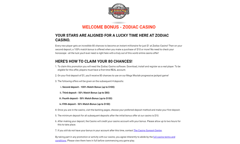 Zodiac Casino Welcome Bonus